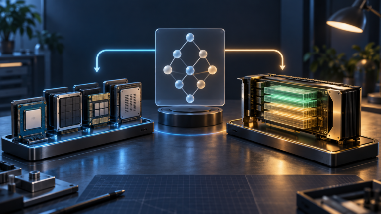 Ilustração editorial de um grafo de modelo entre componentes de hardware e um engine de GPU