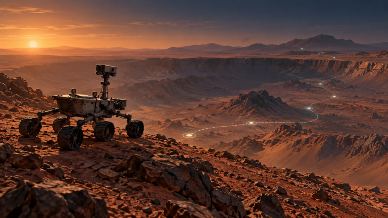 Ilustração editorial de um rover sobre o terreno de Marte, com uma rota luminosa sugerida à frente