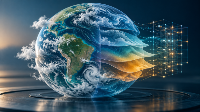Ilustração editorial de um globo com camadas atmosféricas e uma rede computacional, sem representar dados reais
