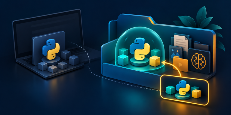 Ilustração editorial de um projeto Python com ambiente virtual separado da instalação geral do computador